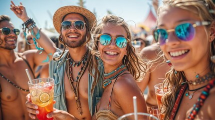 A group of young people are smiling and drinking cocktails at a summer music festival. - obrazy, fototapety, plakaty