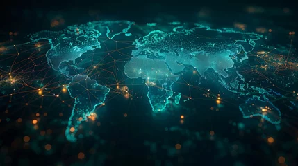 Fototapeten Glowing world map on dark background. Globalization concept. Communications network map of the world. Technological futuristic background. World connectivity and global networking concept © CaptainMCity