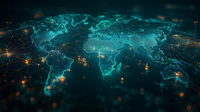 Fototapeta Glowing world map on dark background. Globalization concept. Communications network map of the world. Technological futuristic background. World connectivity and global networking concept