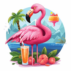 Fototapeta premium Pink flamingo with sunglasses resting on a lifesave
