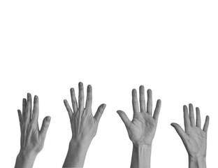 Fototapeta premium Halftone collage of people's hands on a transparent background. Contemporary banner and poster