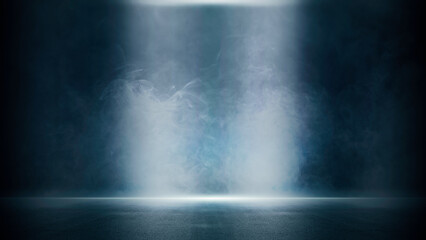 Dark scene lights concert stage dark blue background, fog in darkness, smoke mist, neon spotlights, night view, Abstract Halloween backdrop, stage shows, street floor studio room