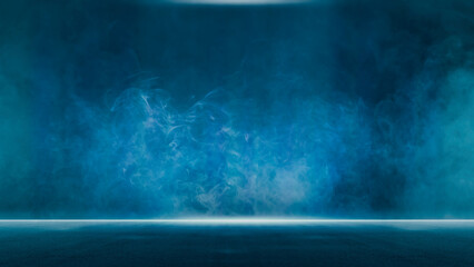 Dark scene lights concert stage dark blue background, fog in darkness, smoke mist, neon spotlights, night view, Abstract Halloween backdrop, stage shows, street floor studio room