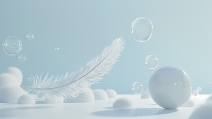 A feather's gentle touch juxtaposed with the weightlessness of bubbles creates a serene scene, all bathed in a calming, pastel blue light
