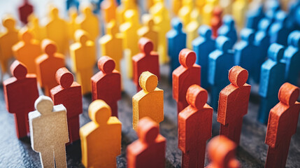 Multicolored wooden figures on a board symbolizing diversity and teamwork.