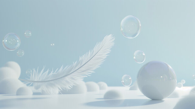 A feather's gentle touch juxtaposed with the weightlessness of bubbles creates a serene scene, all bathed in a calming, pastel blue light