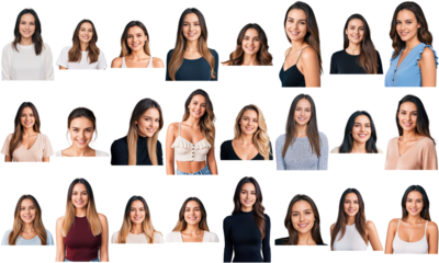 Set of headshots of different caucasian women smiling. Collage of 24 CLoseup photos of girls with transparent background. 