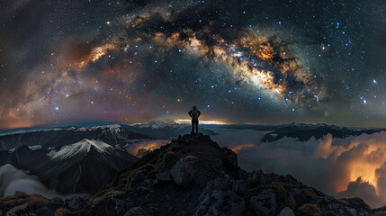 Fotografia de paisagens estelares de alta definição. viajante solitário no topo Fotografado com uma lente grande angular - obrazy, fototapety, plakaty