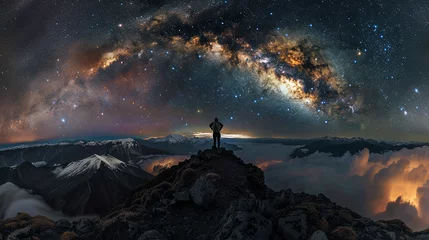 Foto op Canvas Fotografia de paisagens estelares de alta definição. viajante solitário no topo Fotografado com uma lente grande angular © Alexandre