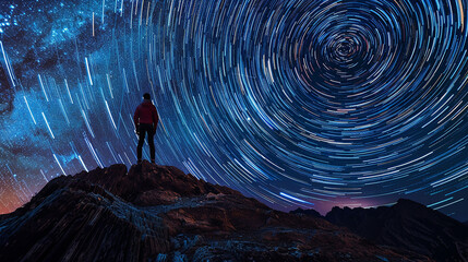 Fotografia de paisagens estelares de alta definição. viajante solitário no topo Fotografado com uma lente grande angular - obrazy, fototapety, plakaty