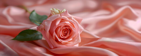 A beautiful rose flower on a draped soft pink silk fabric, perfect for romantic occasions or as a gift
