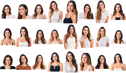 Set of headshots of different caucasian women smiling. Collage of 24 CLoseup photos of girls with transparent background.  - obrazy, fototapety, plakaty