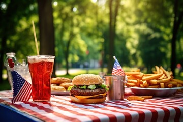 Celebrating Independence Day, July 4. Traditional American Memorial Day Patriotic Picnic with burgers, french fries and snacks, Summer USA picnic and bbq concept, Old wooden background. - obrazy, fototapety, plakaty