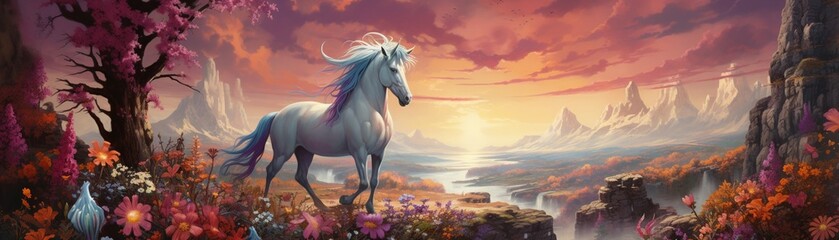 A vibrant unicorn in a classical realism landscape with Sanhedrin wisdom and Thit Kho aroma adding a magical quirk - obrazy, fototapety, plakaty