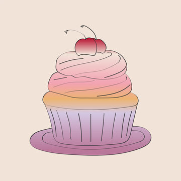 A single cupcake with pink frosting and a cherry placed on top. The cupcake is on a plain white background, showcasing its colorful and delicious appearance