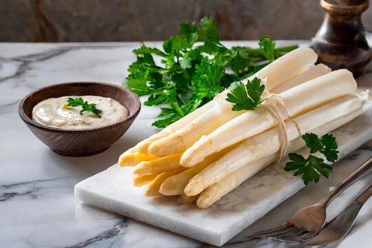 botte d'asperges blanches sur une table de cuisine