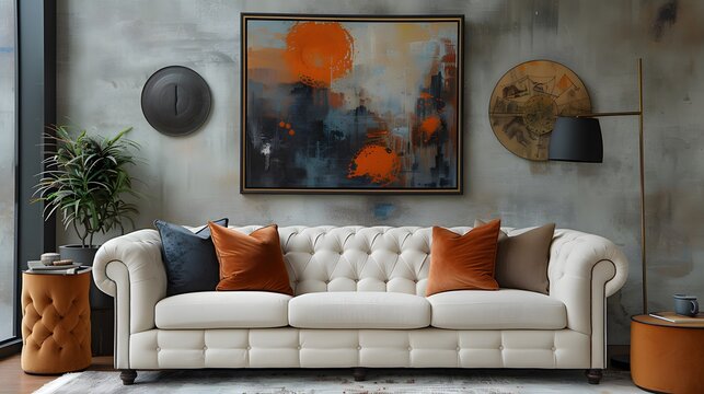 Sophisticated Living Room with Classic White Chesterfield Sofa and Vibrant Abstract Art