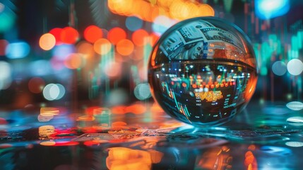 A crystal ball reflecting the highs and lows of the stock market - obrazy, fototapety, plakaty