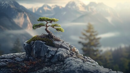 A bonsai tree on a cliff overlooking misty mountains