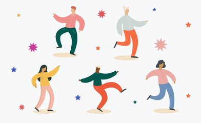 Collection of dancers. Male and female characters. A group of happy dancing people.  Cartoon flat vector illustration of dancing people