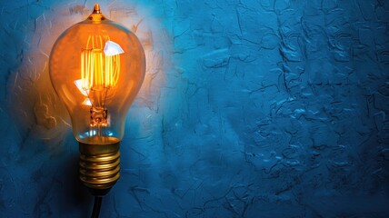 A glowing Edison light bulb against a textured blue wall, symbolizing creativity and ideas