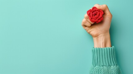 A hand clenches a fabric rose, a gesture of love and sentiment - obrazy, fototapety, plakaty