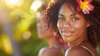 Two women smiling surrounded by tropical flora