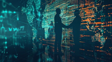 Fototapeta premium Global Connection Business Professionals Seal a Deal Against the Backdrop of Digital World Map International Partnership and Technology Networking Concept