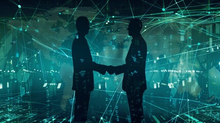Global Connection Business Professionals Seal a Deal Against the Backdrop of Digital World Map International Partnership and Technology Networking Concept