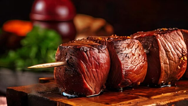 Brazilian steakhouse traditional Brazilian picanha: meat is skewered on an iron sword and roasted to perfection. This method of grilling meat has been a longstanding tradition in Brazil. AI-generated.