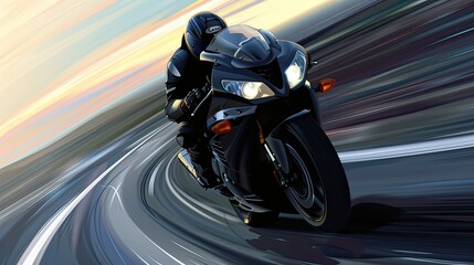 Fototapeta premium a motorcyclist speeding on a highway, leaning into a sharp corner with sporty precision, in a realistic photograph.