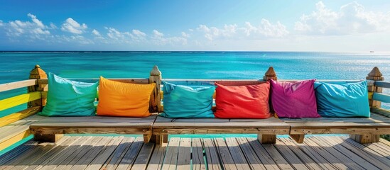 Vibrant Wood Pier with Ocean View and Colorful Pillows