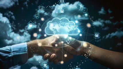 Global Cloud Collaboration Digital Handshake and Connectivity in Modern Business Partnerships