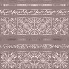 Hand drawn seamless pattern with bandana oriental ethnic elements beige grey background. Elegant pastekl leaves berries, traditional decorative headscarf western ornament.