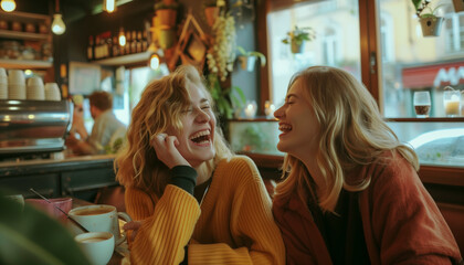 Fototapeta premium women, table, cafe, laughing, enjoying, company, drinking, coffee, potted, plants, background, sitting, two, friends, happy, conversation, together, leisure, relaxation, friendship, casual, joyful, in