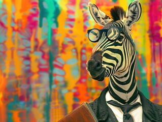 The Dapper Zebra, A whimsical portrayal of a zebra with a human body, dressed in a sophisticated suit and glasses, set against a vibrant, colorful graffiti background