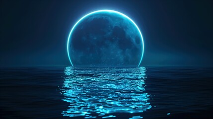 Moonrise over Tranquil Waters, A mesmerizing image of a giant moon rising above the horizon, encircled by a glowing neon light, reflecting on the calm ocean waters under the night sky - obrazy, fototapety, plakaty