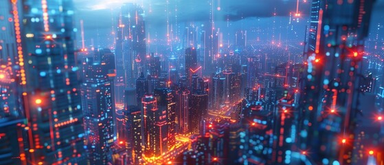 The City Digital Pulse, visualization of a city skyline at night, pulsating with neon lights and data streams, symbolizing the vibrant energy and connectivity of urban life in the digital age