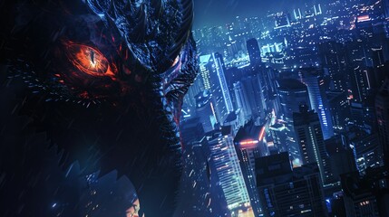Monstrous Awakening in Metropolis, gripping, gargantuan monster with glowing red eyes towers over a neon-lit cityscape at night, exuding a sense of impending doom and the clash of civilization - obrazy, fototapety, plakaty