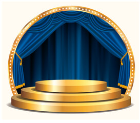 vector golden podium stage with blue curtain - 759763133