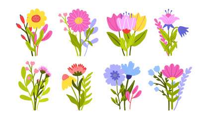  Colorful childish bouquet of flowers, leaves. Hand drawn crayon drawing vector collection