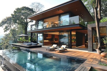 Modern house with wooden deck and pool in front of it