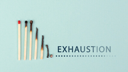 Exhaustion and stress, burnout in hustle culture, low energy,  burning matches in a chain, domino...