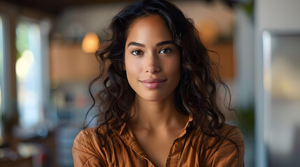Young Latina woman in portrait with crossed arms and a cheerful smile. Beautiful woman looking at camera with her arms crossed. generative ai - obrazy, fototapety, plakaty