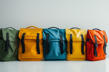 Row of bright, new backpacks in various colors neatly aligned - obrazy, fototapety, plakaty