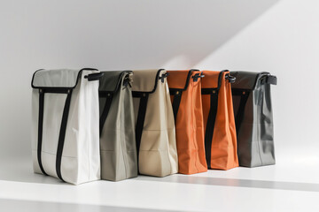 Trendy selection of messenger bags aligned neatly, showcasing different colors and sleek designs