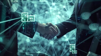 Global Business Partnership Executives Shaking Hands in Digital Finance Network