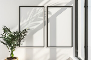 Bright room with two empty frames on wall, plant, and shadow play from sunlight