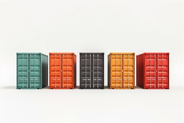 Five brightly colored freight containers in a row on a clean white backdrop