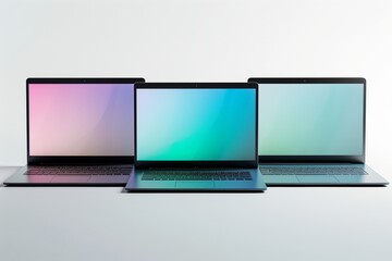 Three sleek laptops with gradient wallpapers on a clean white background
